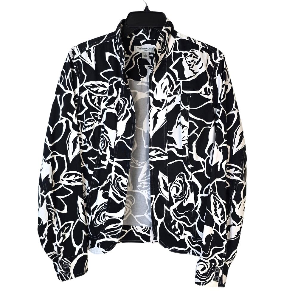 Coldwater Creek Jacket Women's M Black White Floral Classic Coastal Grandma